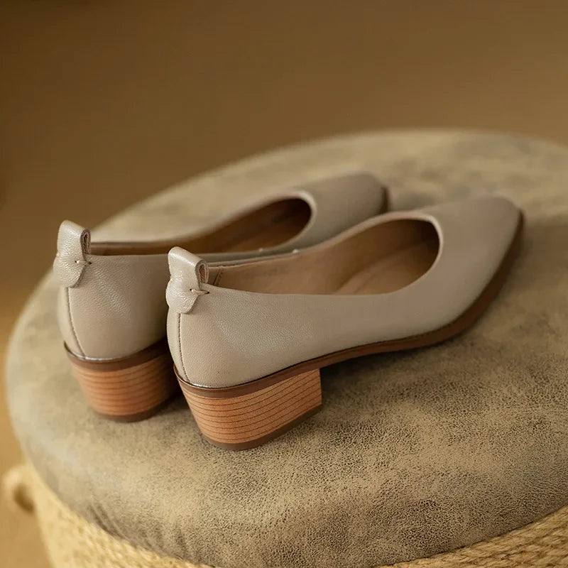 Leather Pointed Toe Slip On Mid Block Heel Court Shoe