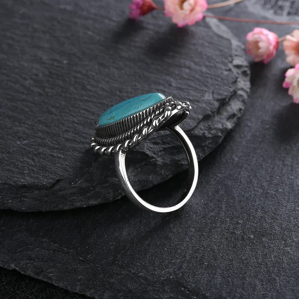 Oval Turquoise Rope Edge Oxidised Silver Boho Statement Ring