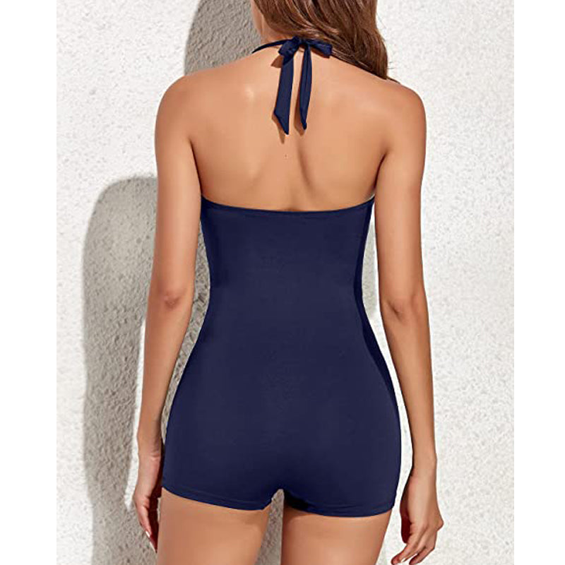 Ruched Halter Sweetheart Boyleg One Piece Swimsuit
