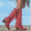 Suede Fringe Turquoise Stud Detail Slouch Block Heel Western Mid Calf Boot