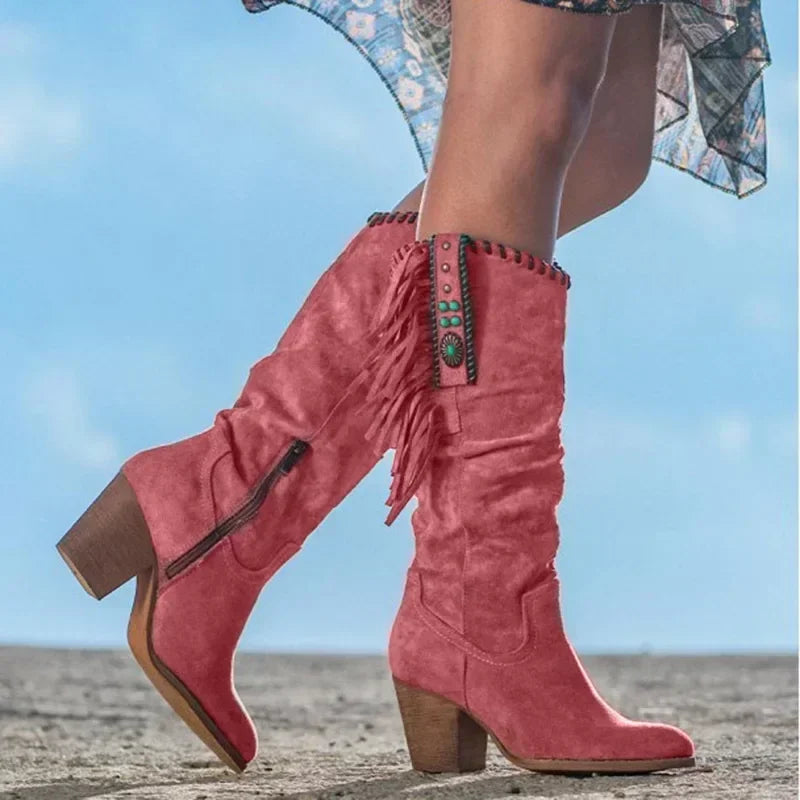 Suede Fringe Turquoise Stud Detail Slouch Block Heel Western Mid Calf Boot