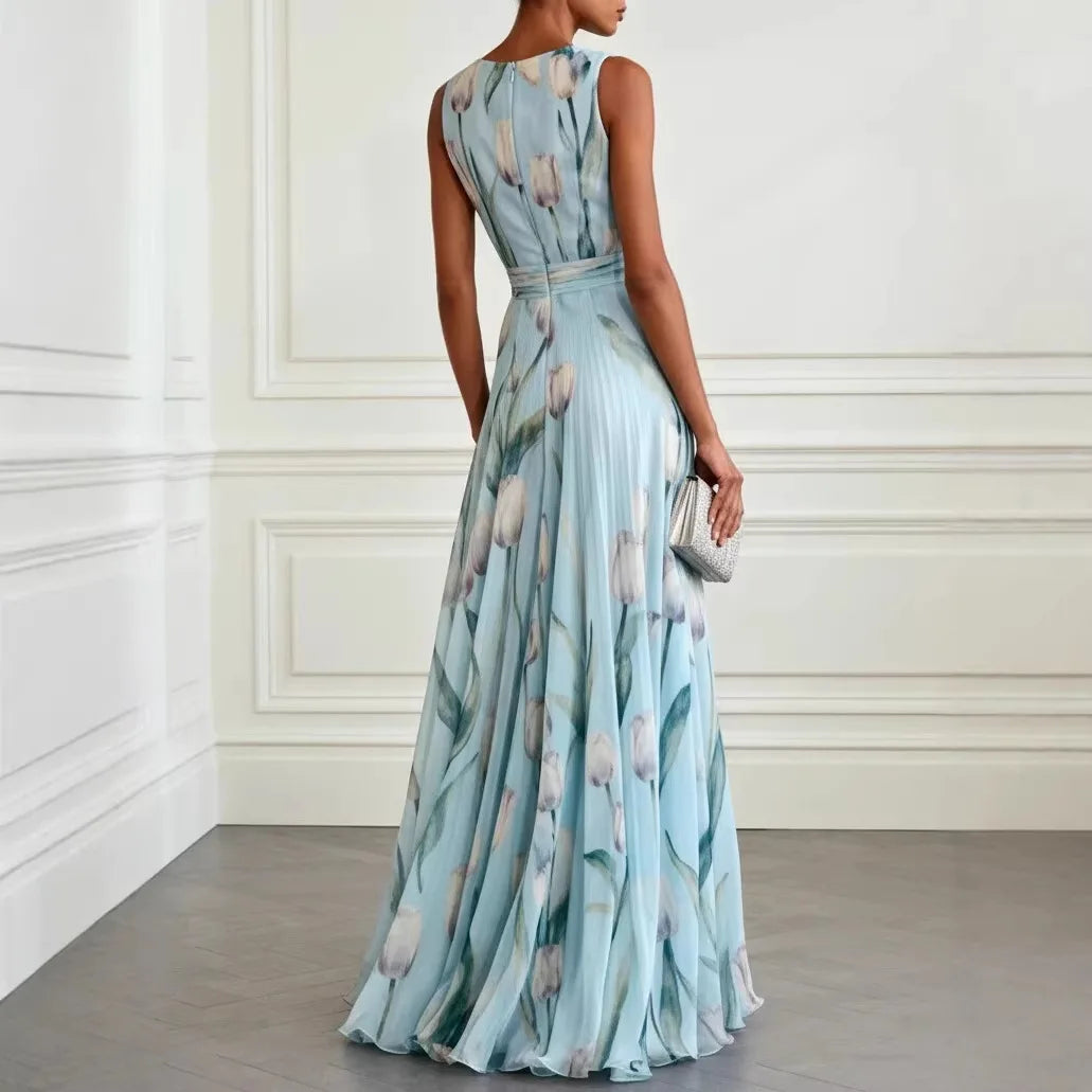 Floral Tulip Print V Neck Chiffon Maxi Dress - Wedding Guest