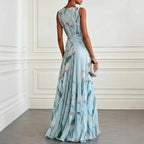 Floral Tulip Print Deep V Neck Chiffon Maxi Dress - Wedding Guest