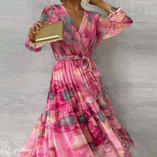 Abstract Floral Wrap V Neck Tie Waist Tiered Flowy Maxi Dress