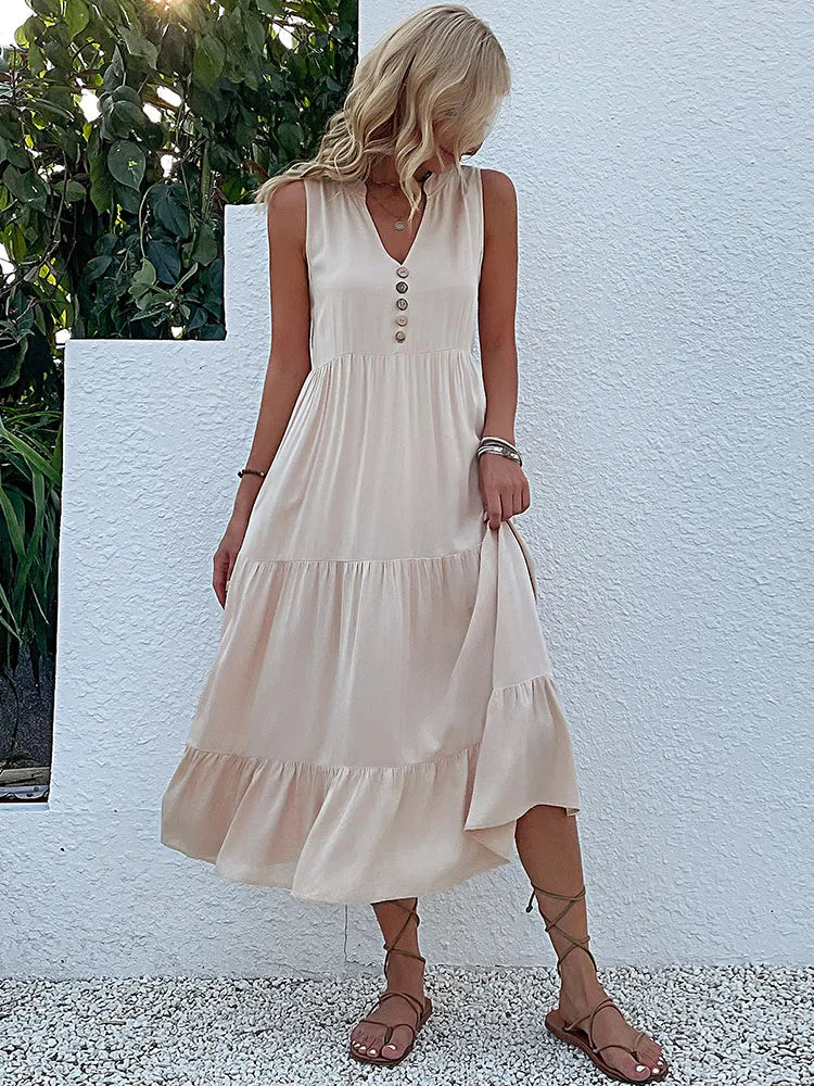 Sleeveless Button Front Tiered Casual Maxi Dresses