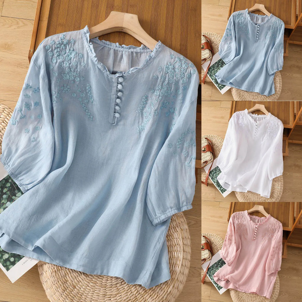 Floral Embroidered Ruffle Neck Puff Sleeve Cotton Blouse