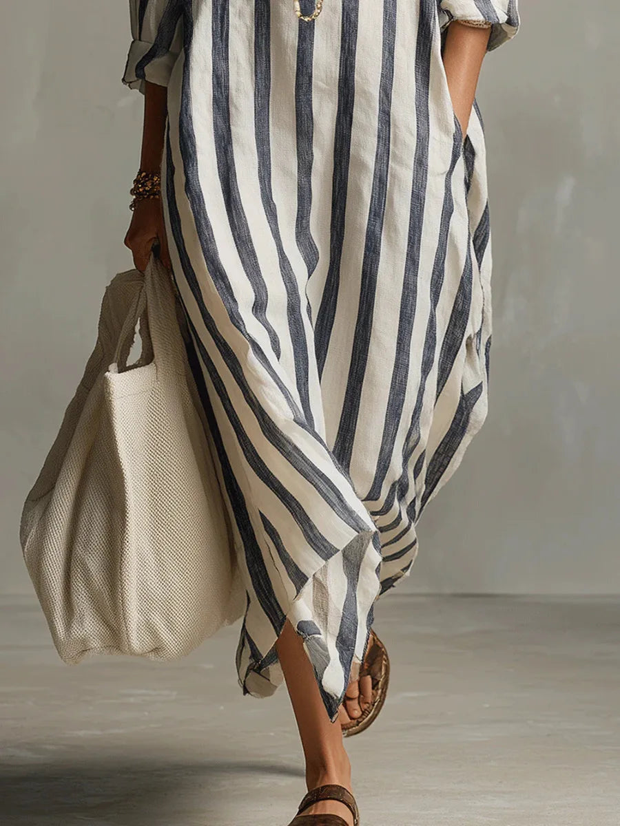 Striped Collared Oversized Casual Linen Maxi Dress
