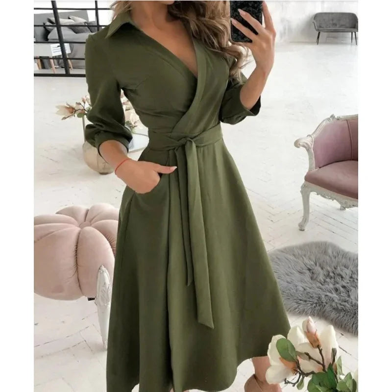 Collared V Neck Long Sleeve Tie Waist Pocket Flared Midi Dress