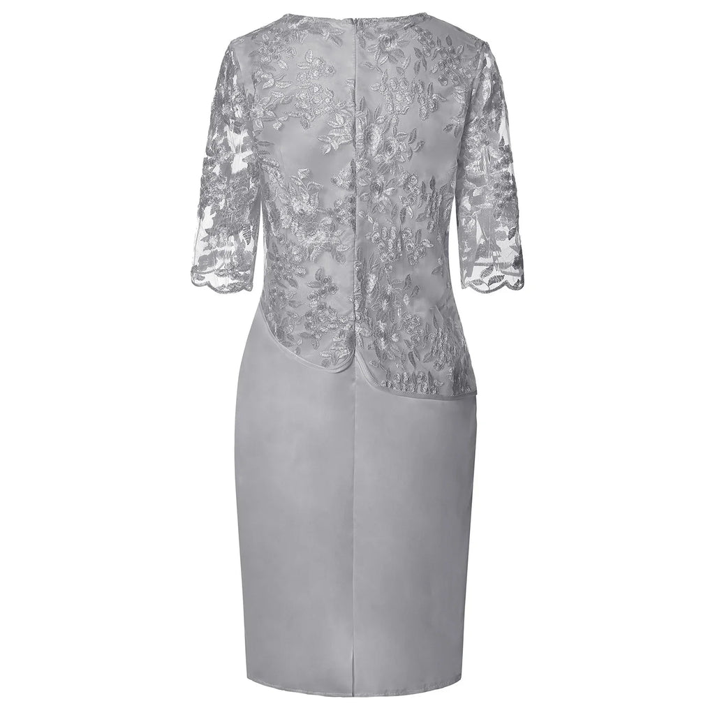 Floral Lace Overlay Three Quarter Sleeve Plus Size Midi Dress - Wedding Guest