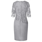 Floral Lace Overlay Three Quarter Sleeve Plus Size Midi Dress - Wedding Guest