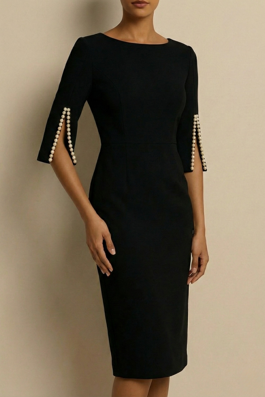 Pearl Trim Split Sleeve Bodycon Midi Dress - Wedding Guest