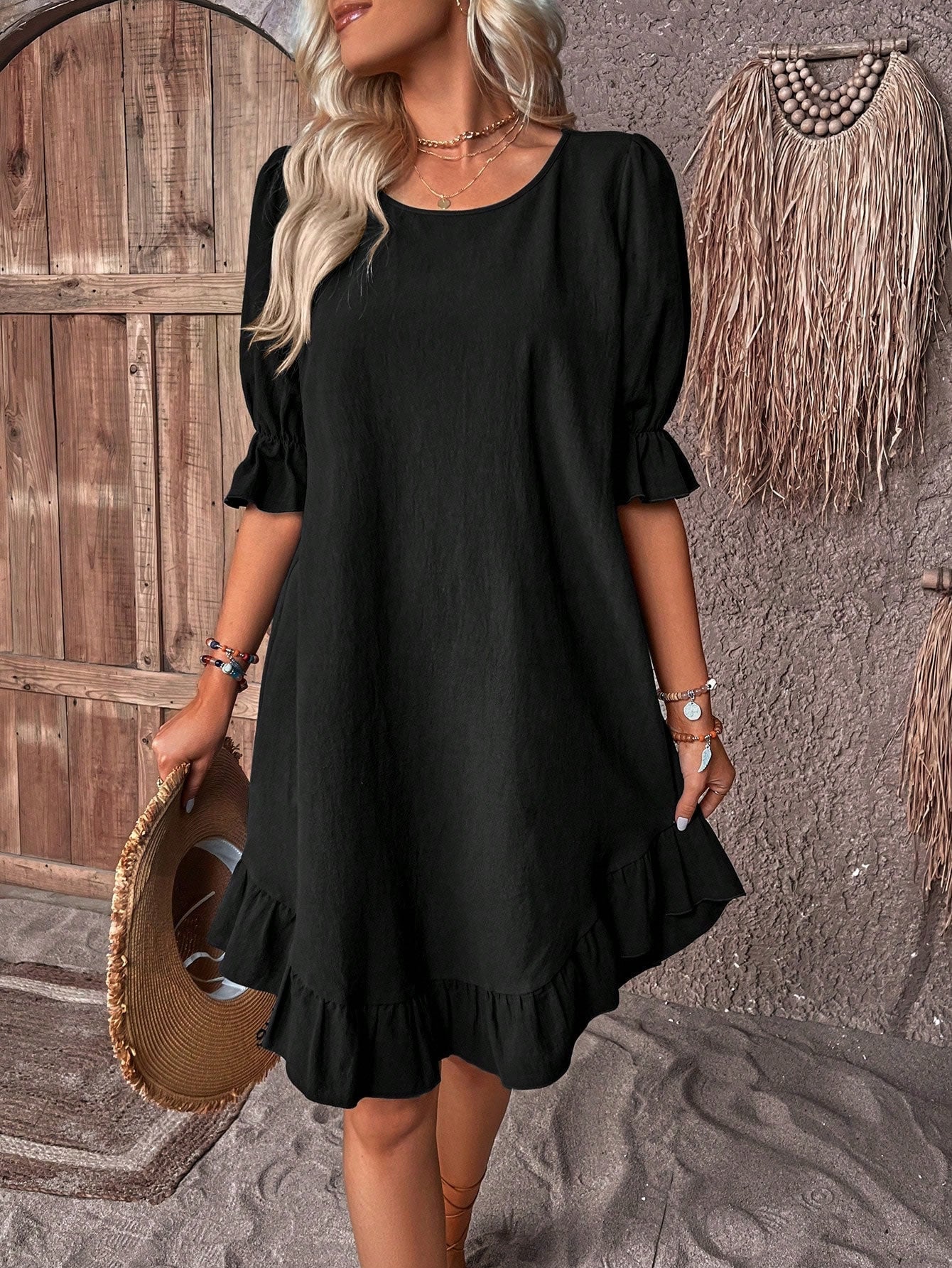 Puff Sleeve Ruffle Hem Scoop Neck Casual Linen Mini Dress