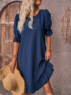 Puff Sleeve Ruffle Hem Scoop Neck Casual Linen Mini Dress