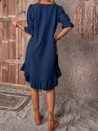 Puff Sleeve Ruffle Hem Scoop Neck Casual Linen Mini Dress