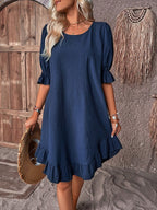 Puff Sleeve Ruffle Hem Scoop Neck Casual Linen Mini Dress