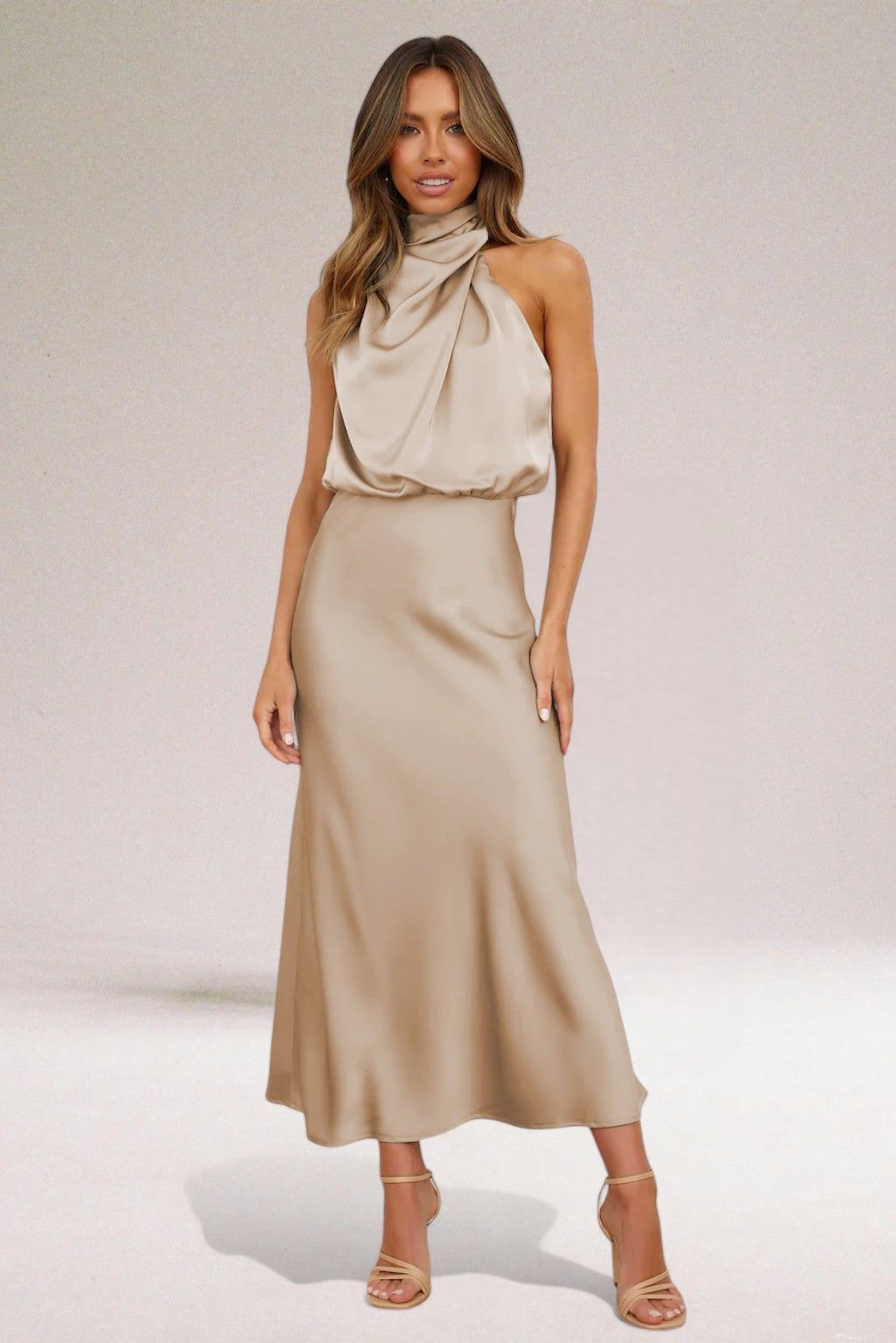 Satin Draped Halter Neck Bias Cut Maxi Dress - Wedding Guest
