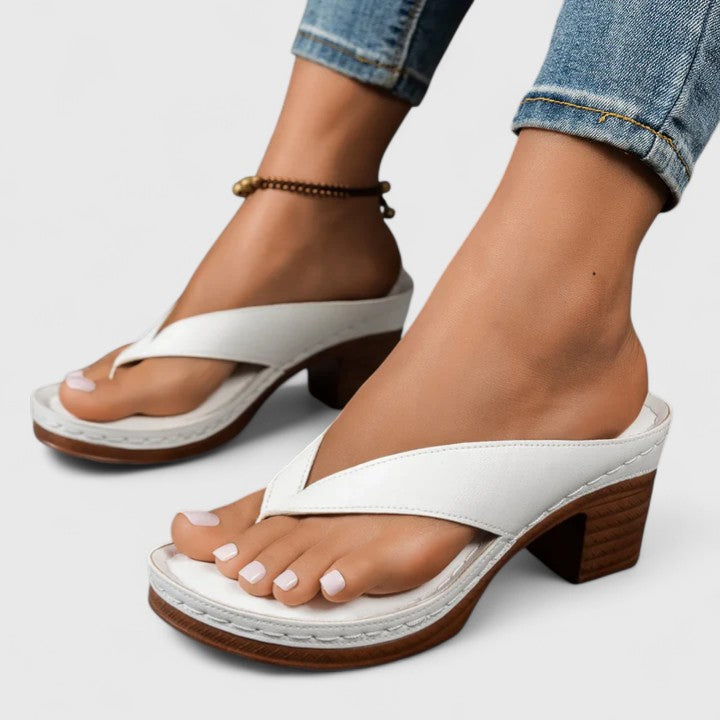 Leather Toe Loop Slip On Wooden Block Heel Sandal