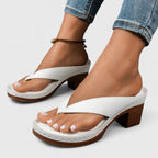 Leather Toe Loop Slip On Wooden Block Heel Sandal