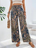 Paisley Print Smocked Waist Drawstring Wide Leg Boho Pant