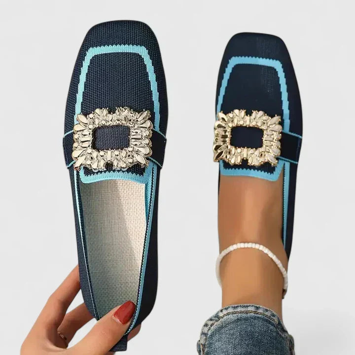 Jewelled Buckle Square Toe Contrast Trim Knit Loafer