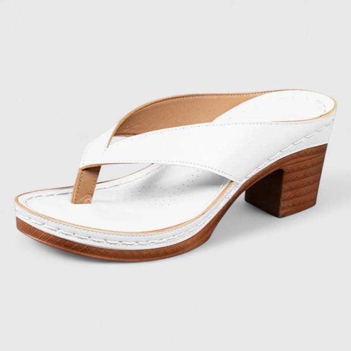 Leather Toe Loop Slip On Wooden Block Heel Sandal