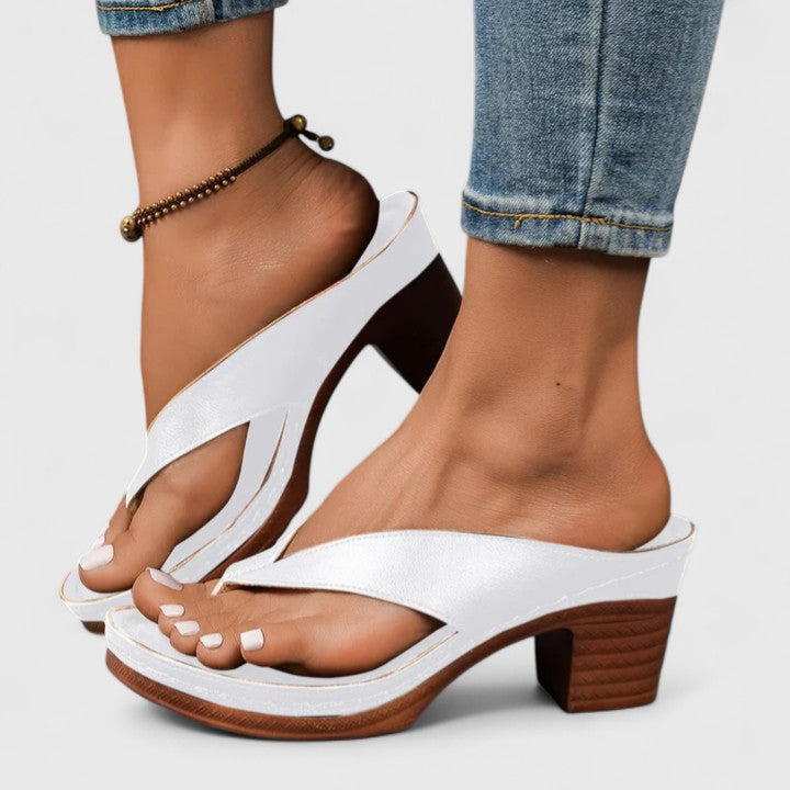 Leather Toe Loop Slip On Wooden Block Heel Sandal