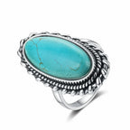 Oval Turquoise Rope Edge Oxidised Silver Boho Statement Ring