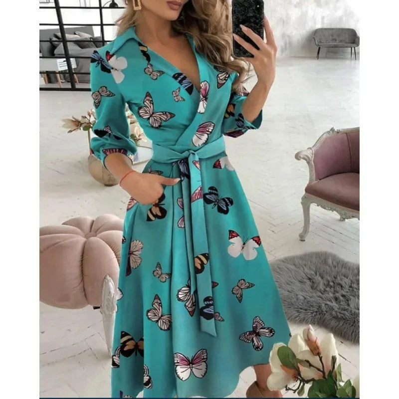 Collared V Neck Long Sleeve Tie Waist Pocket Flared Midi Dress