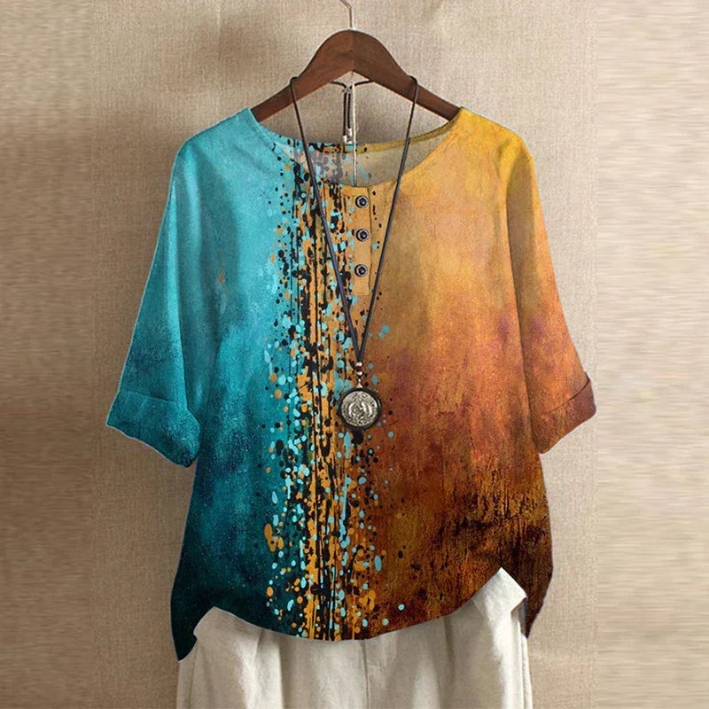 Vintage Floral Print Button Henley Relaxed Linen Blouse