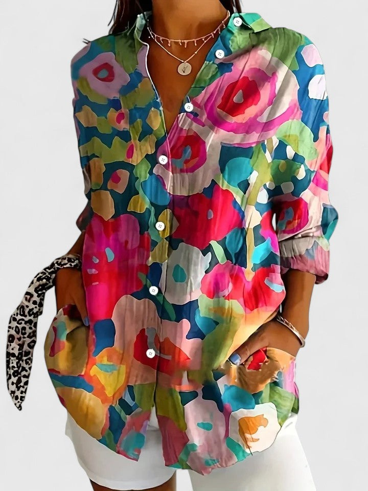 Floral Abstract Print Button Down Long Sleeve Blouse