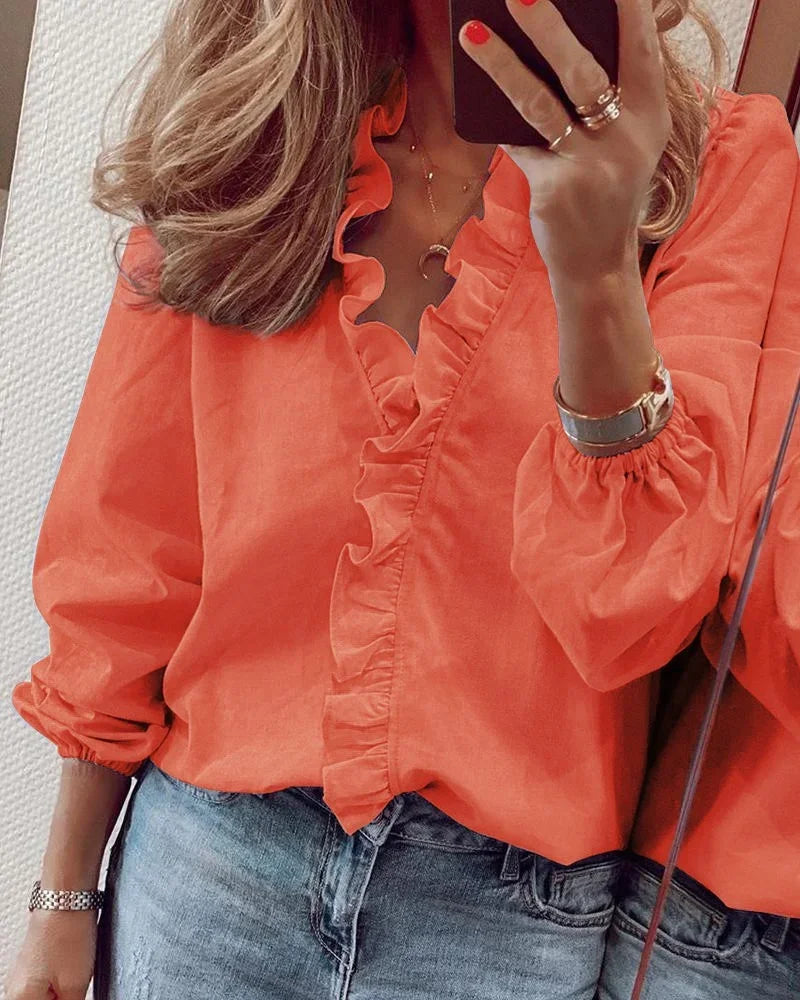 Ruffle Trim V Neck Long Sleeve Elegant Cotton Blouse