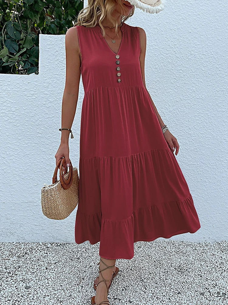 Sleeveless Button Front Tiered Casual Maxi Dresses