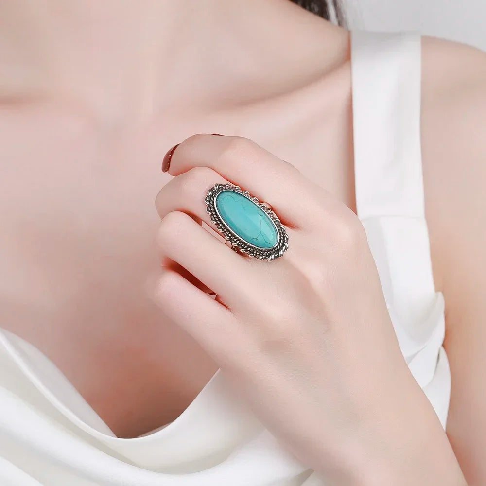 Oval Turquoise Rope Edge Oxidised Silver Boho Statement Ring