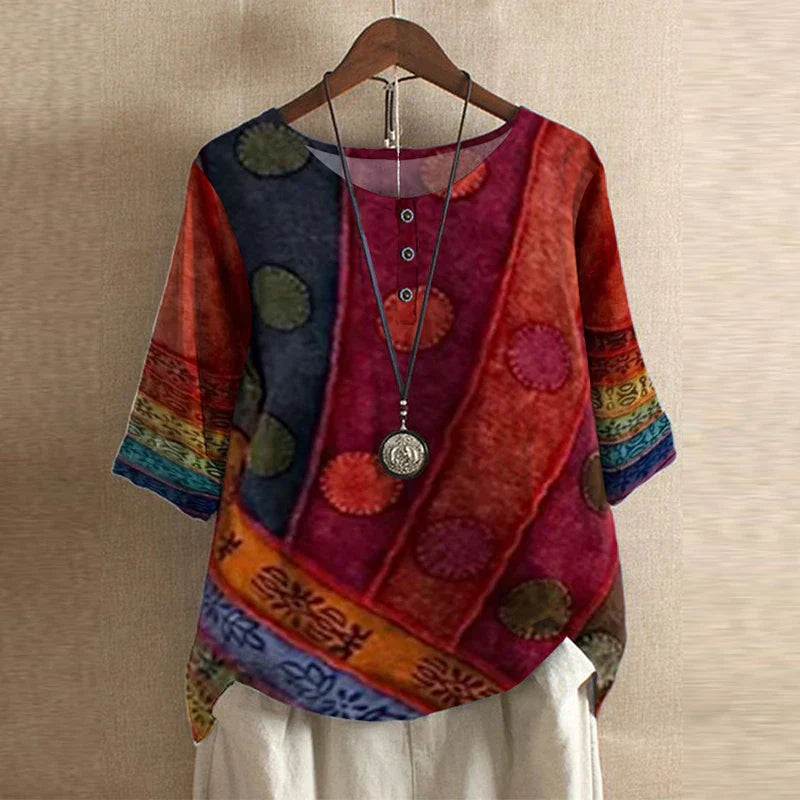 Vintage Floral Print Button Henley Relaxed Linen Blouse