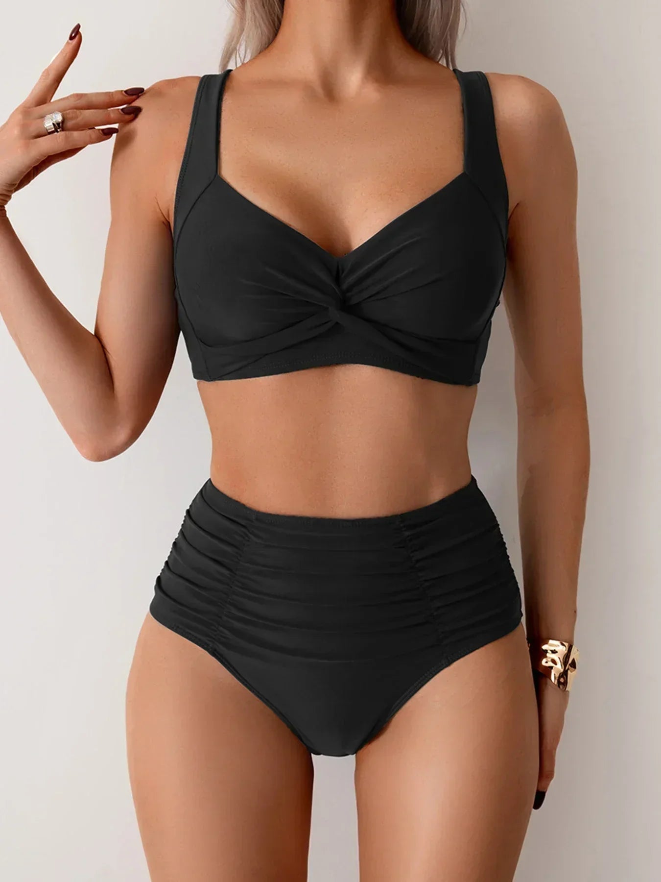 Twist Front Sweetheart Ruched High Waist Bikini Set