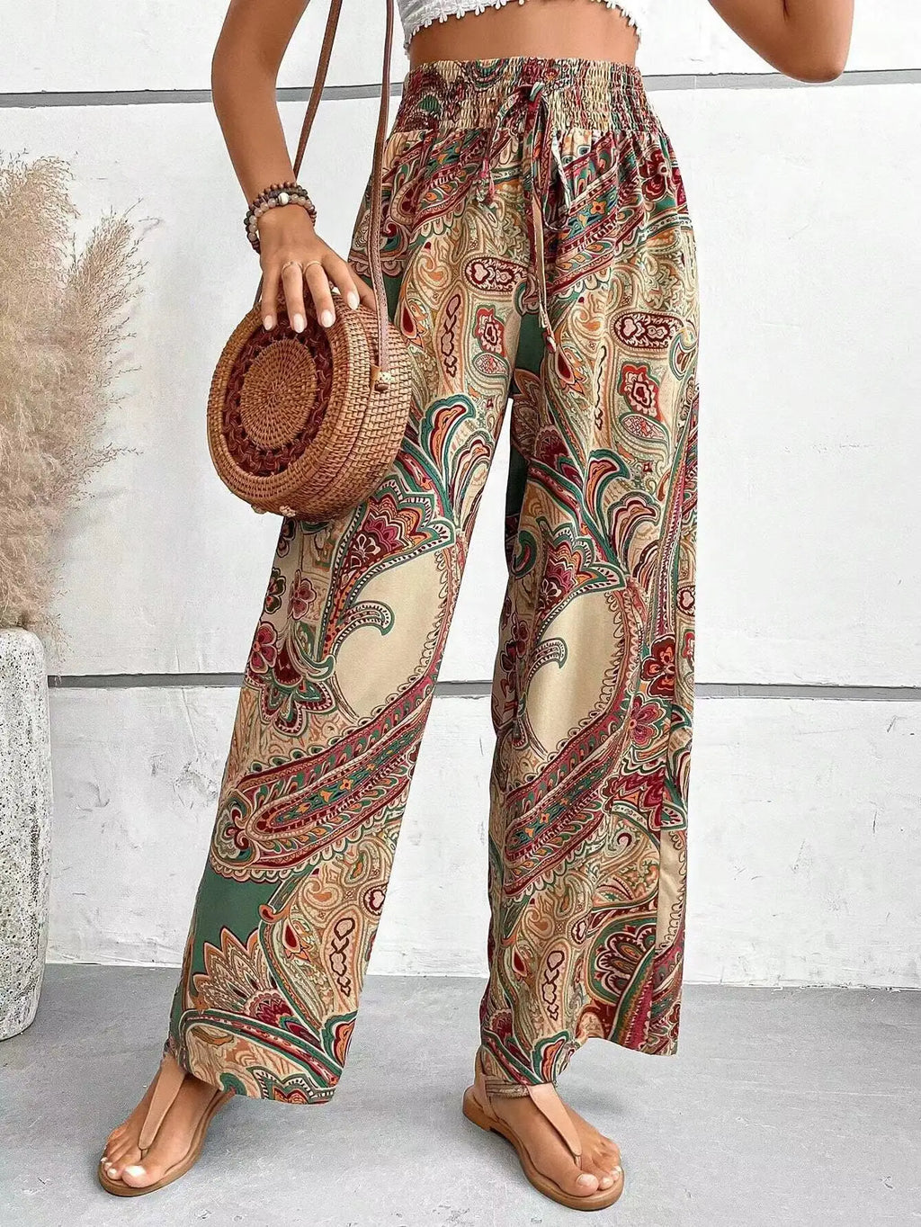 Paisley Print Smocked Waist Drawstring Wide Leg Boho Pant