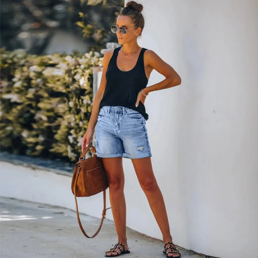 High Waist Distressed Roll Hem Five Pocket Denim Short