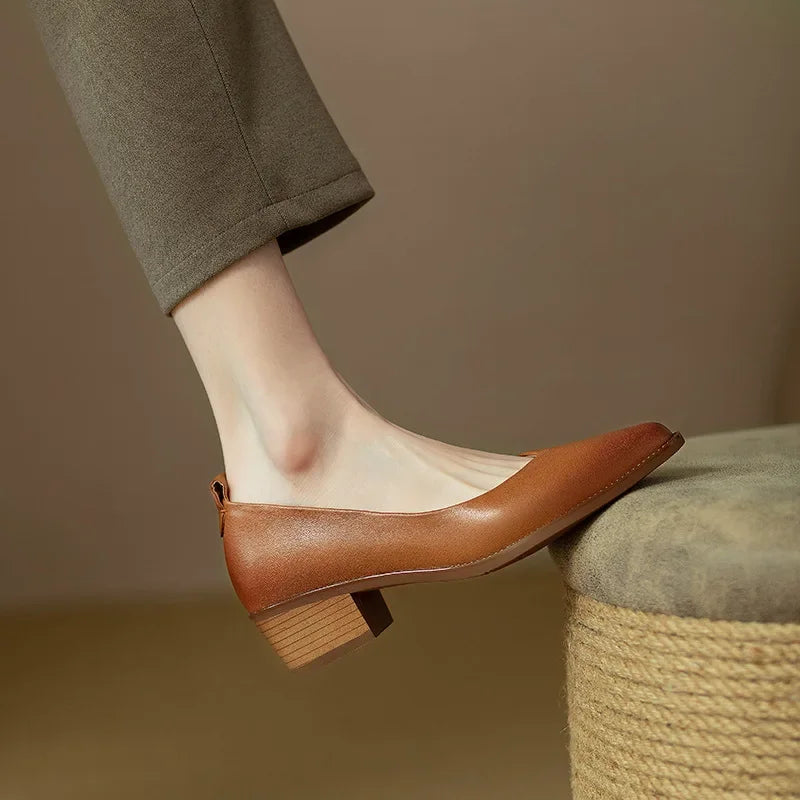 Leather Pointed Toe Slip On Mid Block Heel Court Shoe