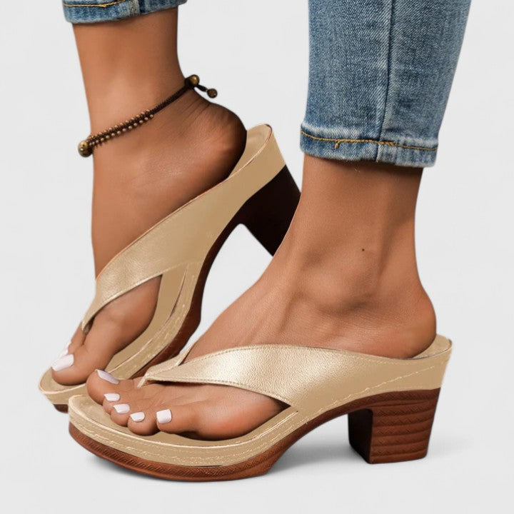 Leather Toe Loop Slip On Wooden Block Heel Sandal