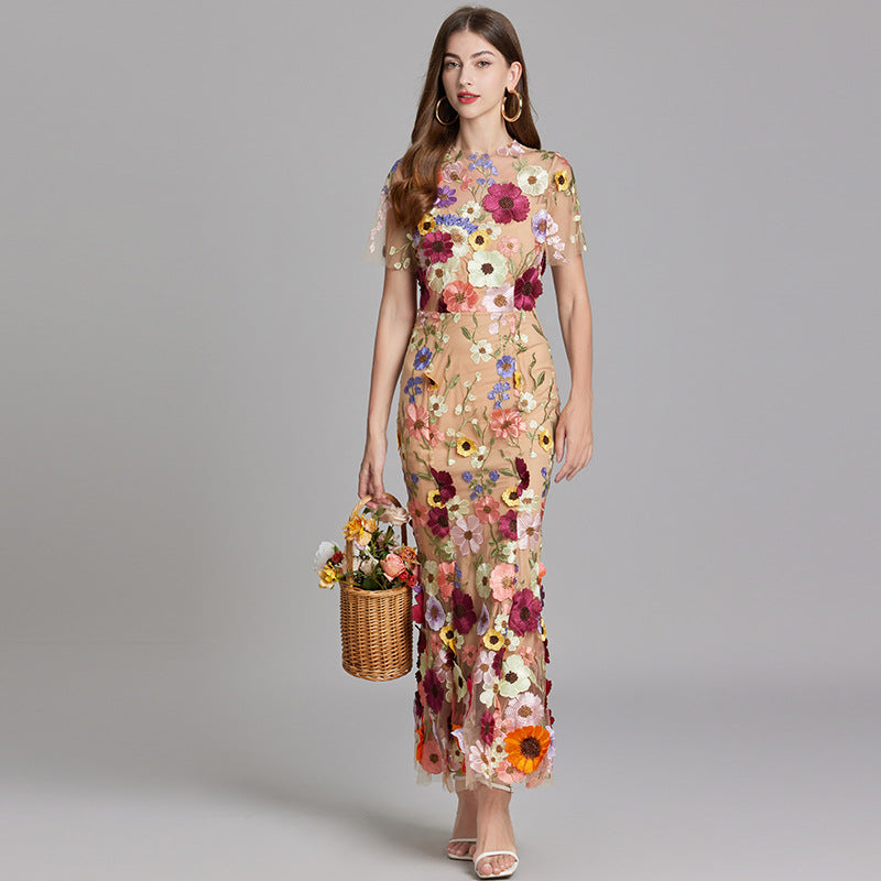 3D Floral Appliqué Sheer Mesh Bodycon Midi Dress - Wedding Guest