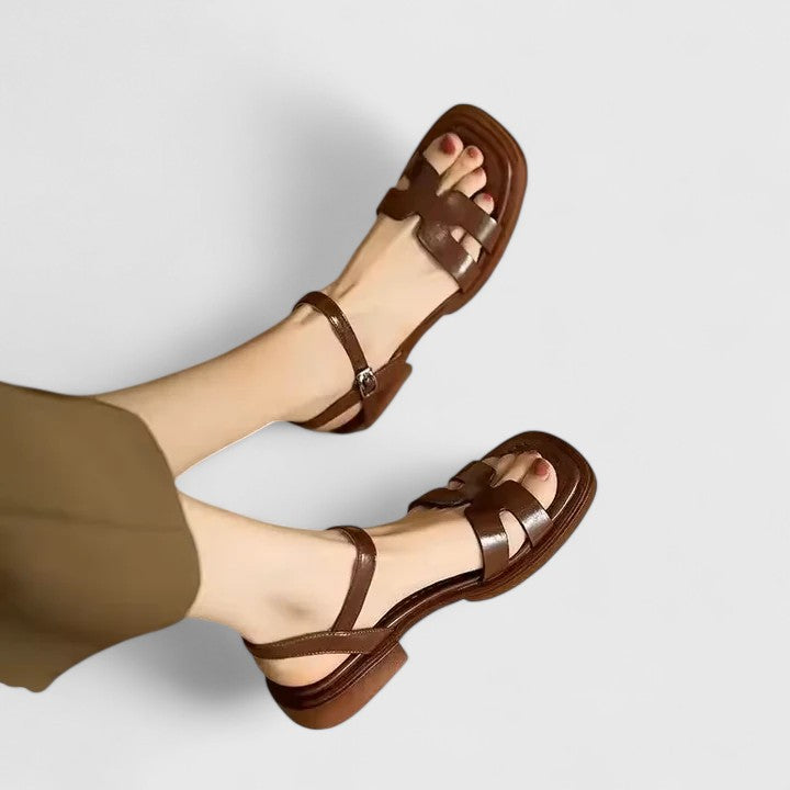 Cutout H-Strap Ankle Buckle Leather Flat Sandal