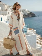 Striped Trim V-Neck Oversized Linen Beach Maxi Dress