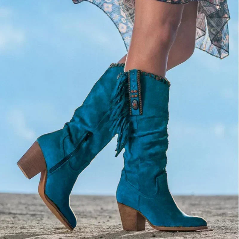 Suede Fringe Turquoise Stud Detail Slouch Block Heel Western Mid Calf Boot