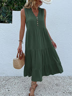 Sleeveless Button Front Tiered Casual Maxi Dresses