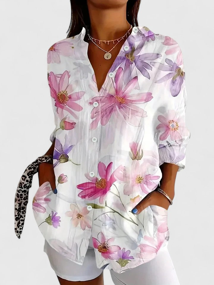 Floral Abstract Print Button Down Long Sleeve Blouse