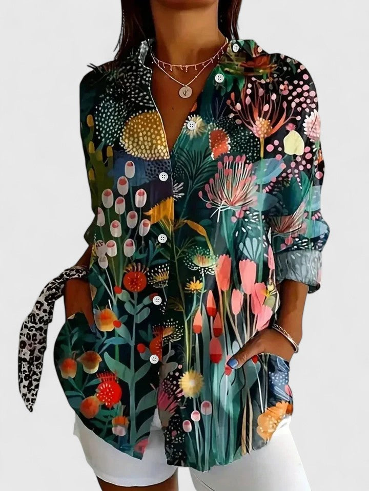 Floral Abstract Print Button Down Long Sleeve Blouse