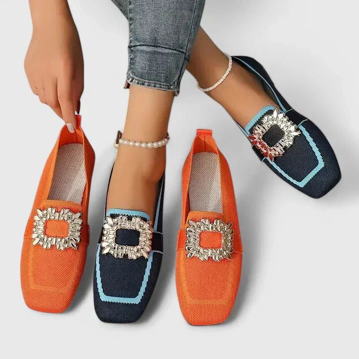 Jewelled Buckle Square Toe Contrast Trim Knit Loafer
