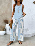 Leaf Print Sleeveless Top Wide Leg Trouser Two Piece Set