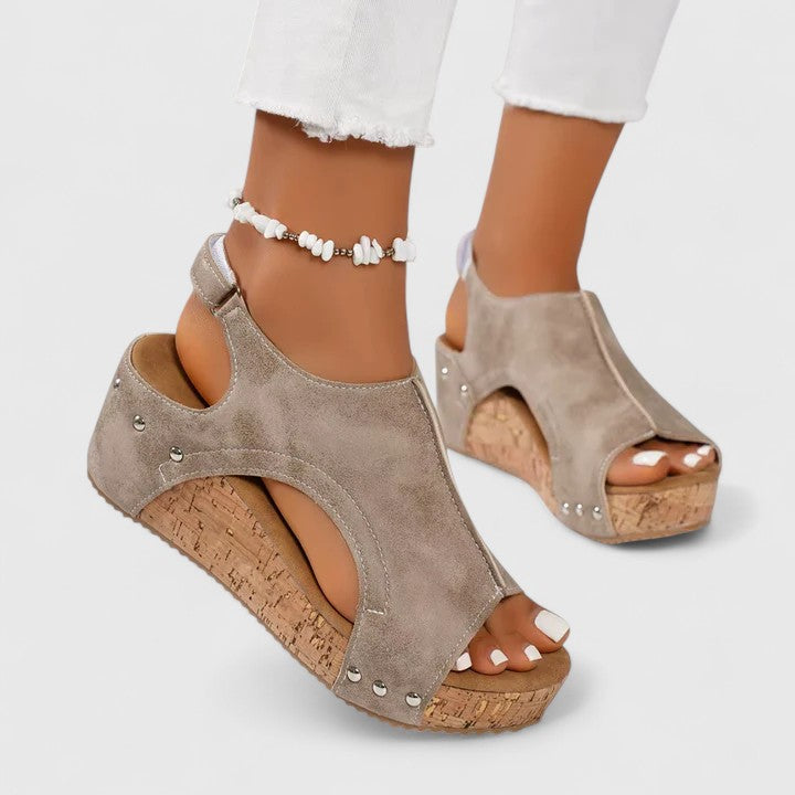 Studded Cutout Cork Wedge Sandals