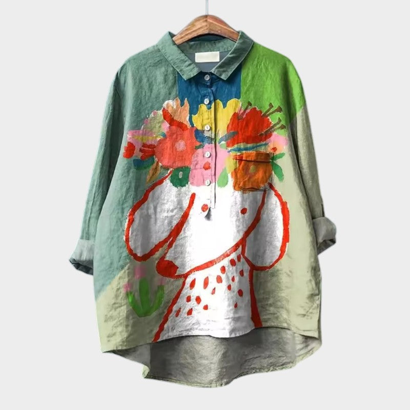 Whimsical Dog Print Point Collar Button Down Oversized Linen Shirt